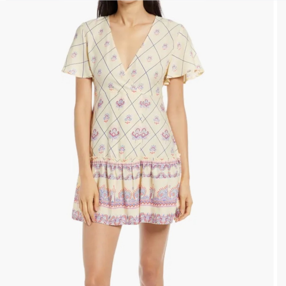 Anthropologie Raga Dress Women's MediumYellow Wrap Mini Paisley Ruffle  Boho NWT
